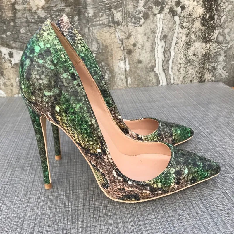 Sexy ultra-fine heelgirls sexy high heels printed multi colors stilettos 12cm wedding shoes Green snake pattern woman shoes