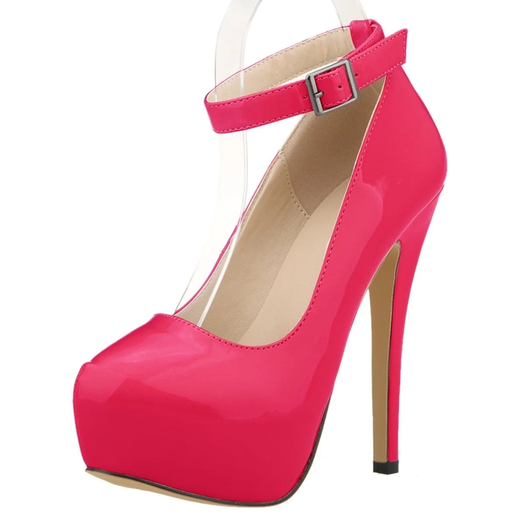 New Women Pumps 14cm Sexy Concise Buckle Supper High Heels Fashion Ankle Strap  Patent Leather Red Wedding Shoes Plus Size