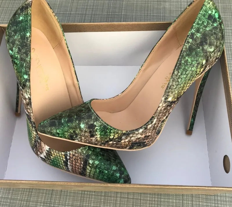 Sexy ultra-fine heelgirls sexy high heels printed multi colors stilettos 12cm wedding shoes Green snake pattern woman shoes