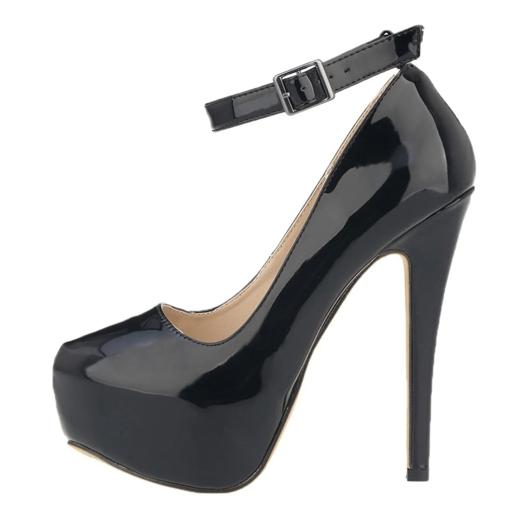New Women Pumps 14cm Sexy Concise Buckle Supper High Heels Fashion Ankle Strap  Patent Leather Red Wedding Shoes Plus Size