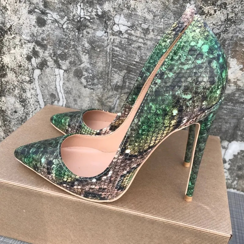Sexy ultra-fine heelgirls sexy high heels printed multi colors stilettos 12cm wedding shoes Green snake pattern woman shoes