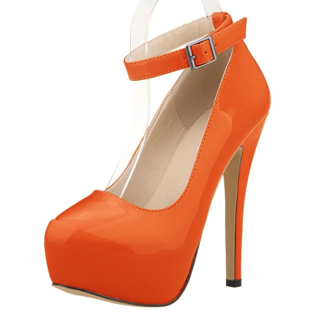 New Women Pumps 14cm Sexy Concise Buckle Supper High Heels Fashion Ankle Strap  Patent Leather Red Wedding Shoes Plus Size