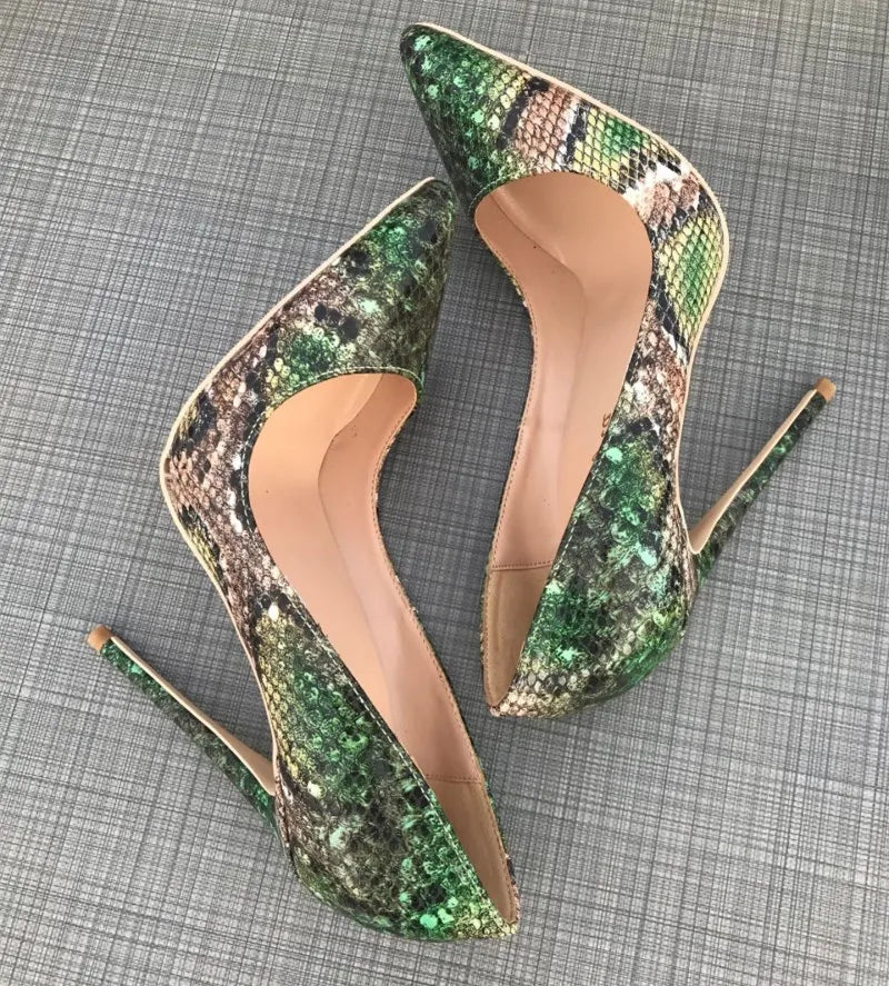 Sexy ultra-fine heelgirls sexy high heels printed multi colors stilettos 12cm wedding shoes Green snake pattern woman shoes