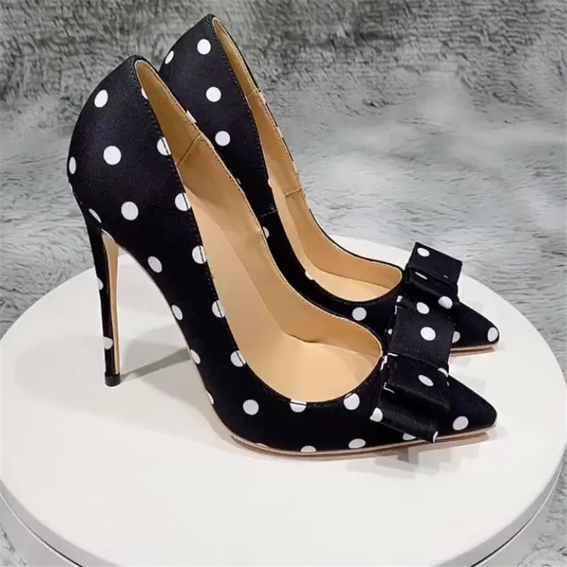 Tikicup Polka Dot Women Black Satin Stiletto High Heels with Bowknot Chic Ladies Designer Dress Shoes Pointed Toe Silk Pumps