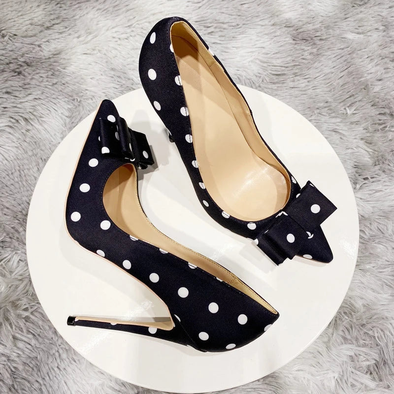 Tikicup Polka Dot Women Black Satin Stiletto High Heels with Bowknot Chic Ladies Designer Dress Shoes Pointed Toe Silk Pumps