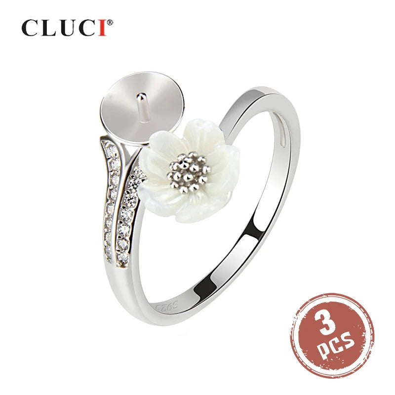 CLUCI 3pcs White Pure 925 Sterling Silver Flower Ring for Women Engagement Adjustable Flower Pearl Ring Mounting SR2074SB