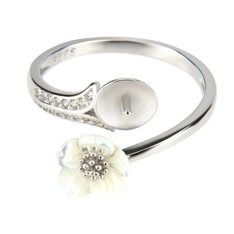 CLUCI 3pcs White Pure 925 Sterling Silver Flower Ring for Women Engagement Adjustable Flower Pearl Ring Mounting SR2074SB