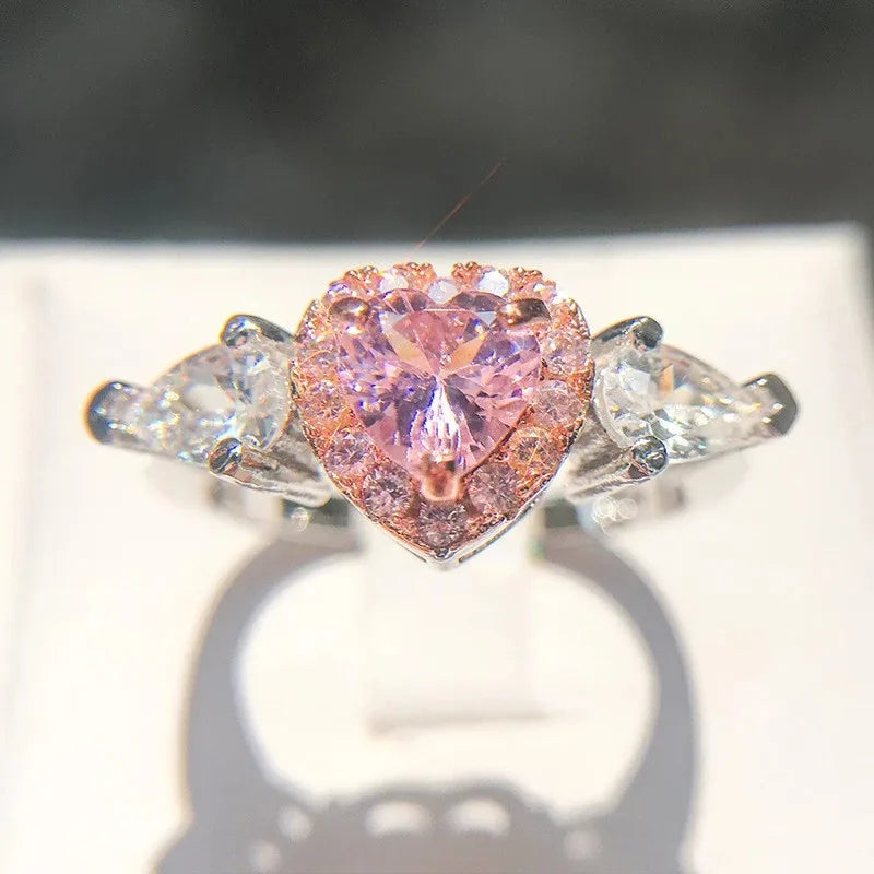 CC Rings For Women Princess Propose Marriage Pink Heart Cubic Zirconia Ring Romantic Engagement Wedding Jewelry Bijoux CC917