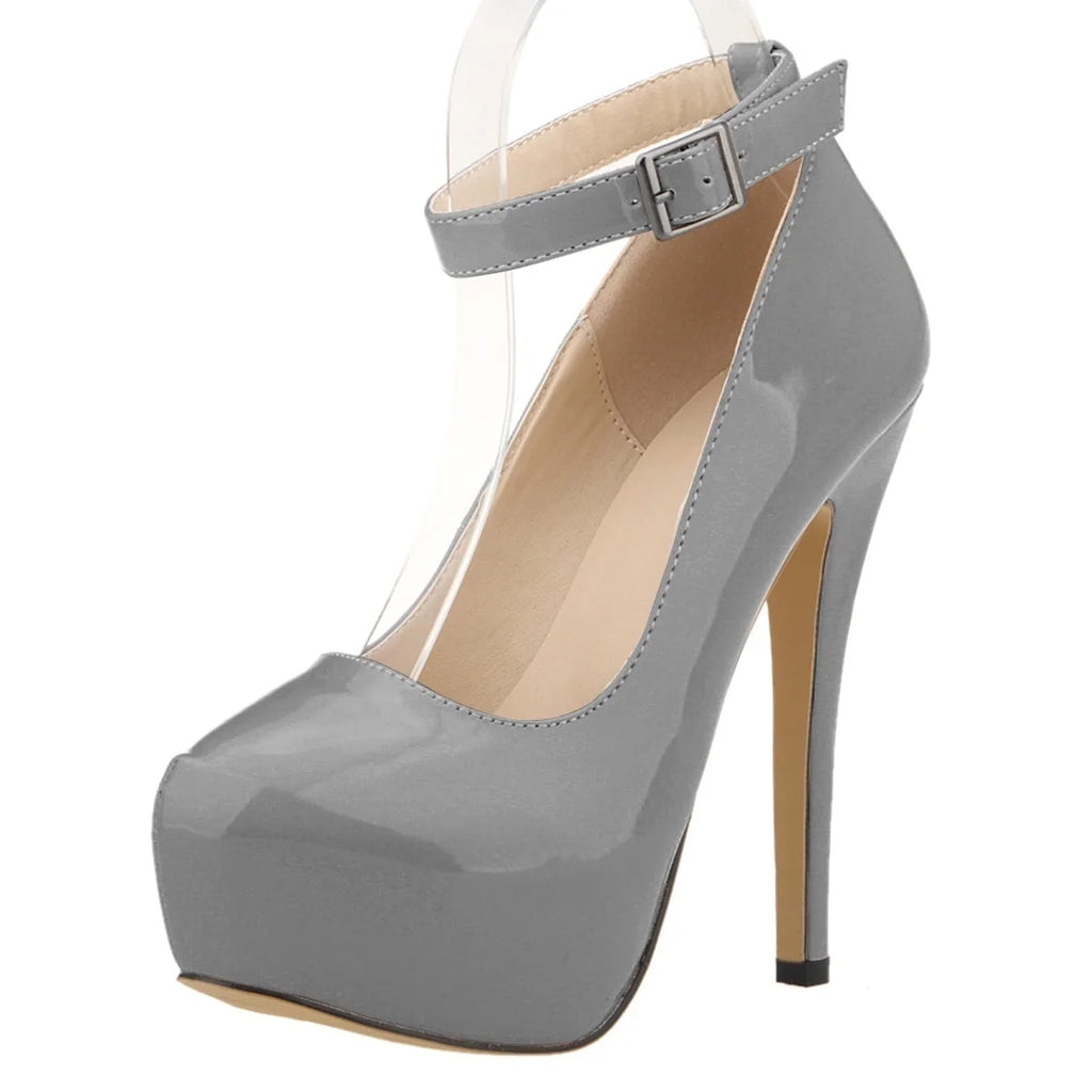 New Women Pumps 14cm Sexy Concise Buckle Supper High Heels Fashion Ankle Strap  Patent Leather Red Wedding Shoes Plus Size