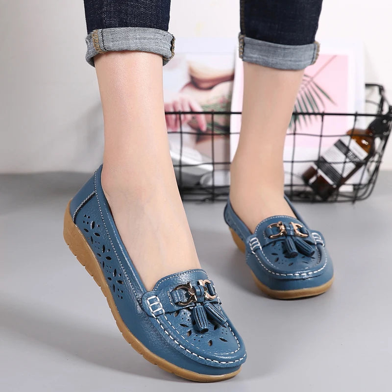 Women Wedge Flats Genuine Leather Slip On Loafers Moccasins Casual Shoes Luxury Brand Designs Big Size 41 42 43