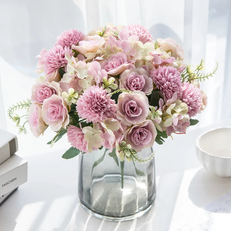 Artificial Silk Hydrangea Rose Flowers Wedding Bridal Bouquet Outdoor Yard Holiday Ornament Vase Home Room Decoration Scrapbooks