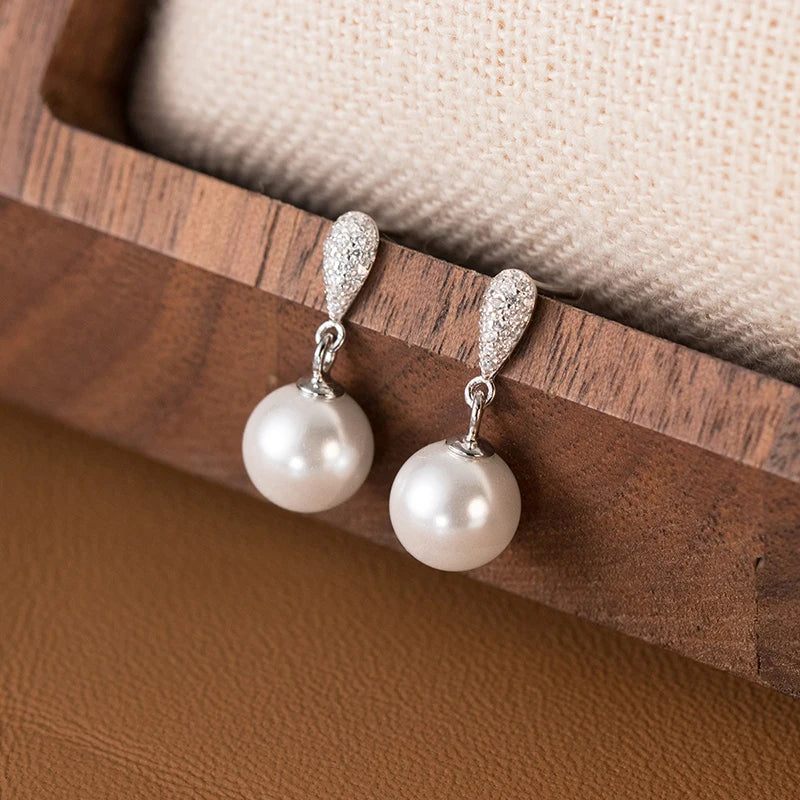 INZATT Real 925 Sterling Silver Full Zircon Water Drop Pearl Pendant Stud Earrings for Women OL Fine Jewelry Luxury Accessories