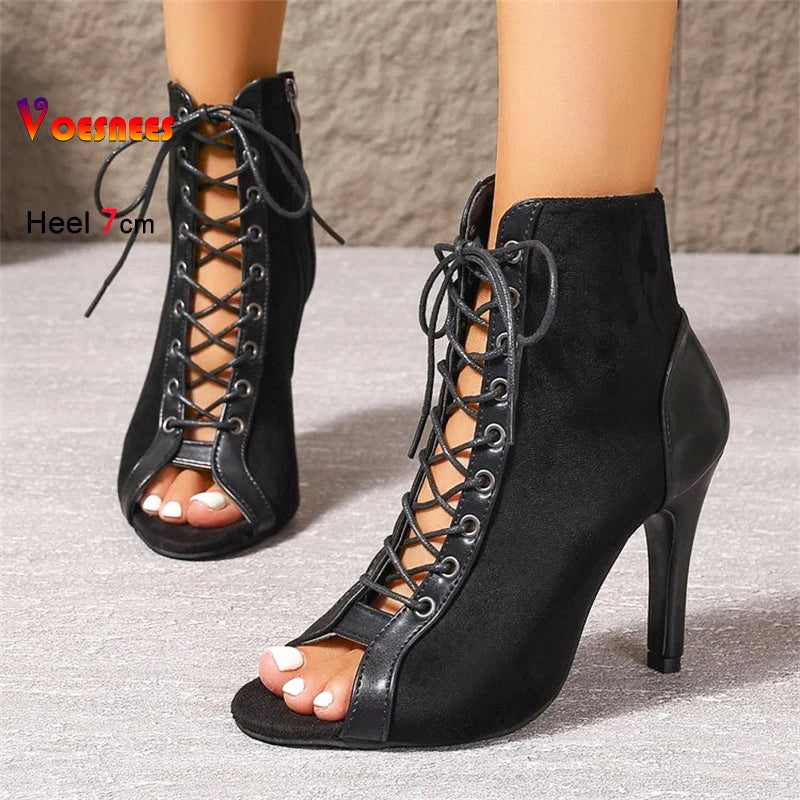 Jazz Latin Dance Boots Women's 5CM 7CM 10CM Thin High Heels 2025 New Plus Size Summer Black Lace-up Sexy Short Boots For Woman