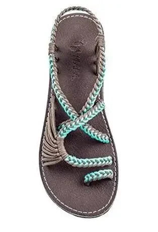 Large Size Rope Knot Summer Beach Flat Bottom Sandals Women's Shoes Wish Flat Sandals Open Toe Rubber Sole Ankle Strap