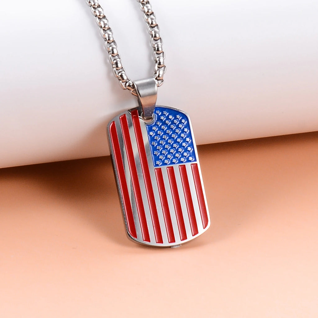 Stainless Steel Hip Hop American USA Flag personality Dripping oil Oval Military Card Box Chain Men's The Stars Jewelry