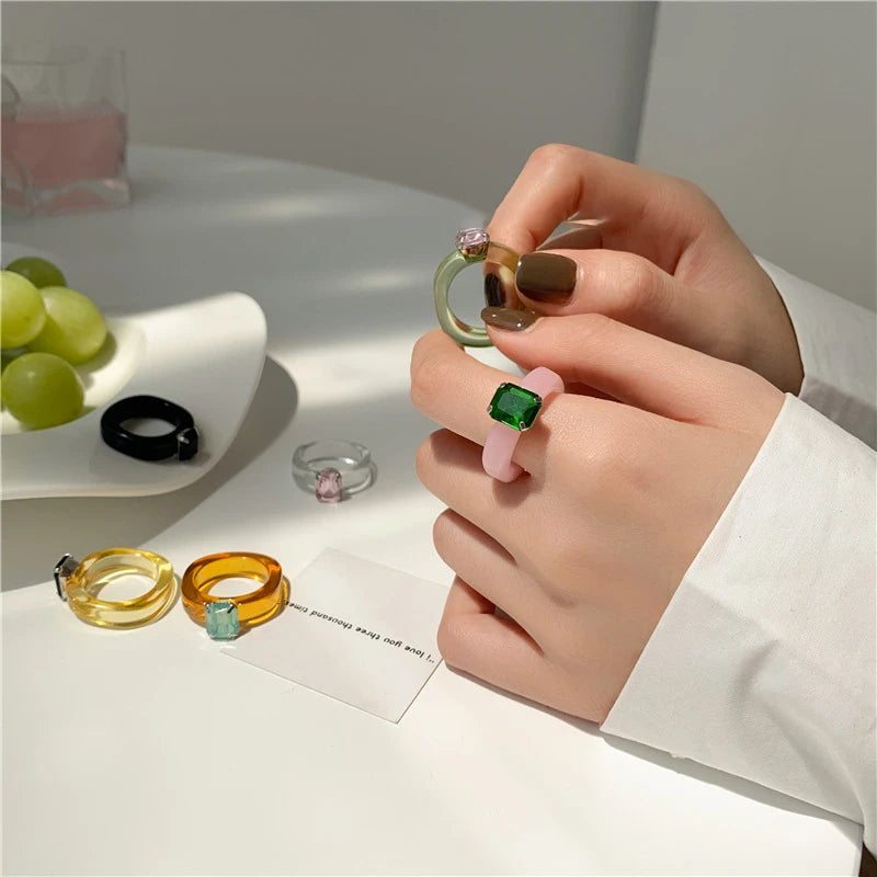 Fashion Luxury Irregular Geometric Transparent Colorful Crystal Rhinestone Zircon Round Ring For Women Shiny Jewelry Accessories