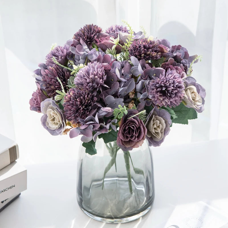 Artificial Silk Hydrangea Rose Flowers Wedding Bridal Bouquet Outdoor Yard Holiday Ornament Vase Home Room Decoration Scrapbooks