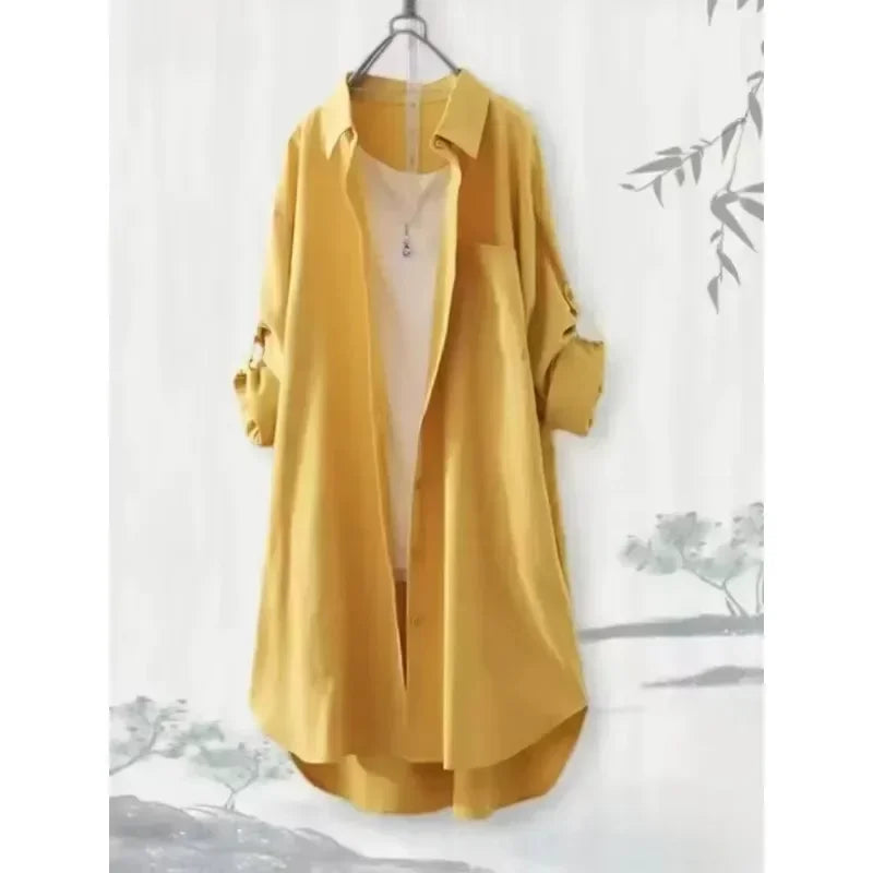 Plus Size Women Tops Blouses Loose Breathable Midi clothing Korean Casual Shirts Women Simple Solid Female Long Sleeved Blouses