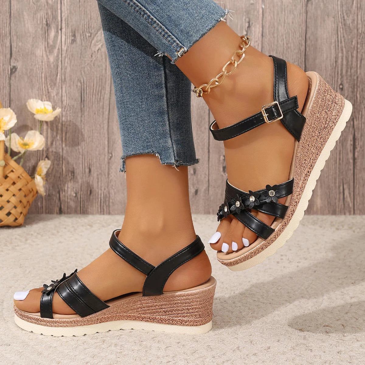 Women's Fashion Flowers Wedge Sandals Lightweight Ankle Strap Platform Sandals Women 2024 Summer Non Slip Beach Sandalias Mujer