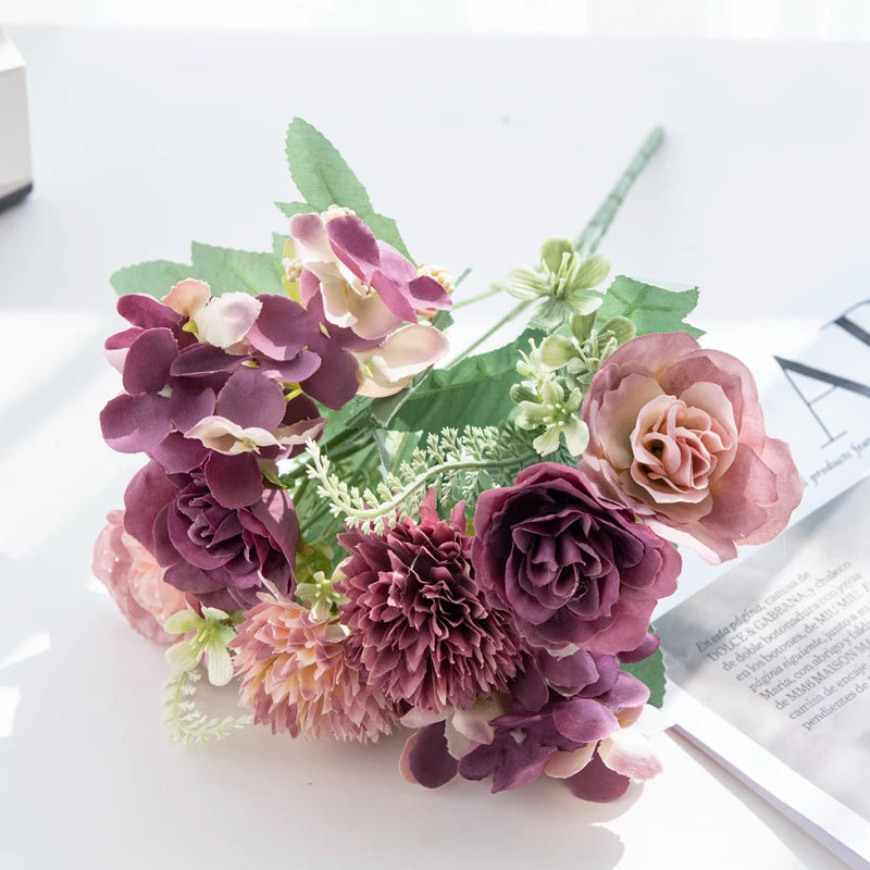 Artificial Silk Hydrangea Rose Flowers Wedding Bridal Bouquet Outdoor Yard Holiday Ornament Vase Home Room Decoration Scrapbooks