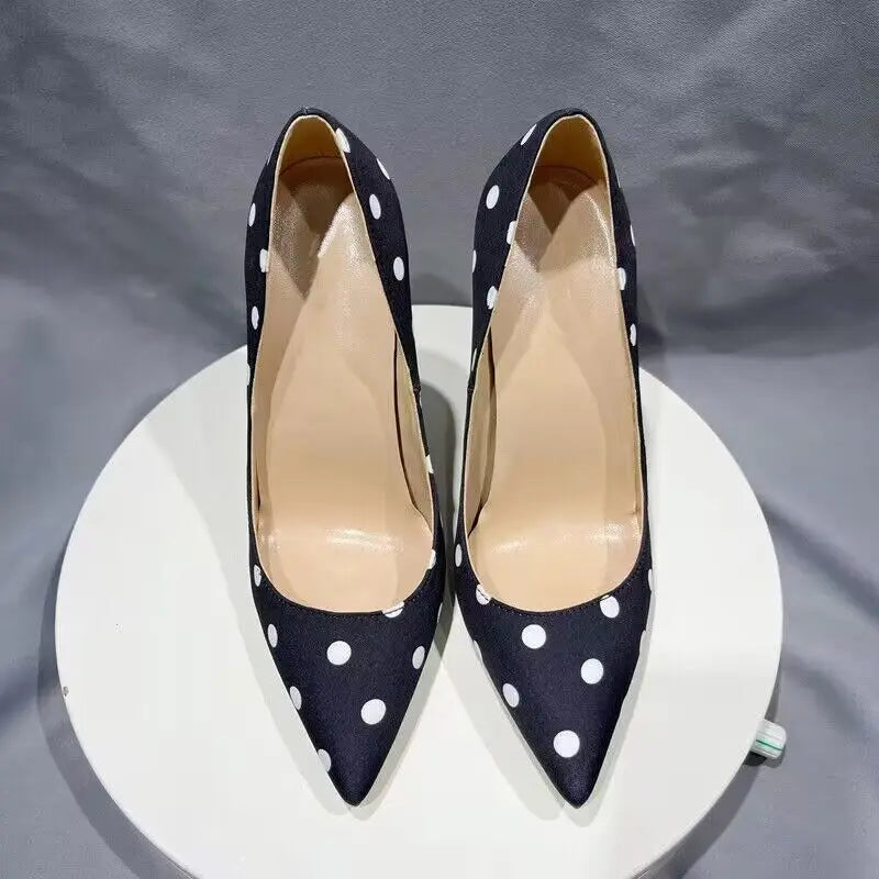 Tikicup Polka Dot Women Black Satin Stiletto High Heels with Bowknot Chic Ladies Designer Dress Shoes Pointed Toe Silk Pumps
