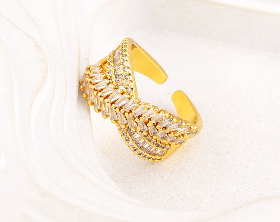 Nidin New Trendy Crystal Double Deck Cross Rings Charm Cubic Zirconia Intersect Opening Adjustable Finger Ring Jewelry Gift