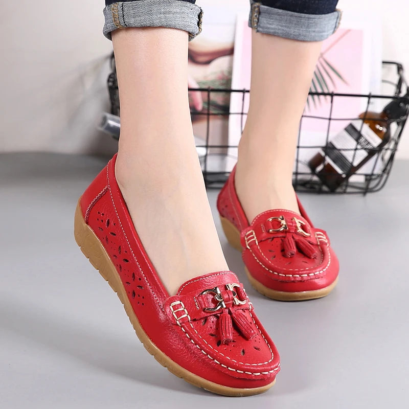 Women Wedge Flats Genuine Leather Slip On Loafers Moccasins Casual Shoes Luxury Brand Designs Big Size 41 42 43