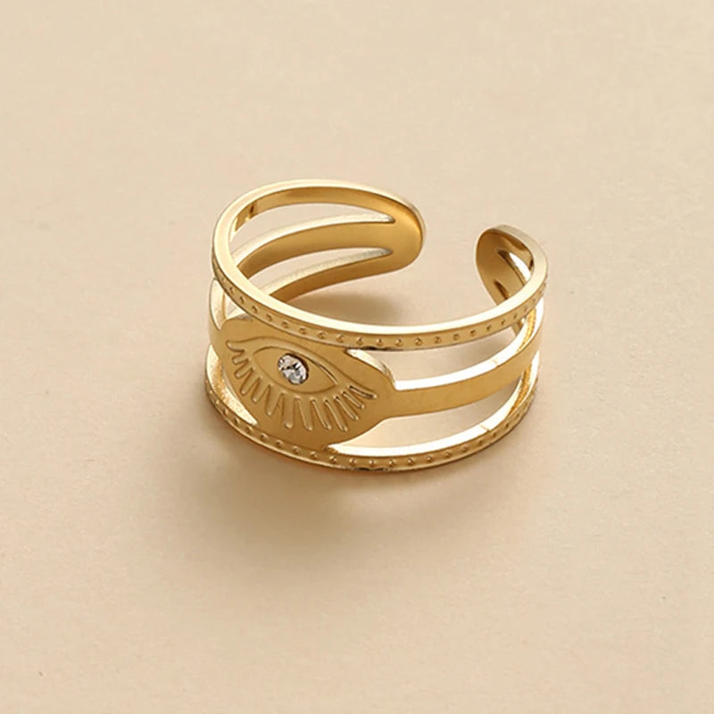 Geometric Zircon Rings For Women Gold Color Stainless Steel Flower Heart Hollow Multilayer Adjustable Open Rings Jewelry Gifts