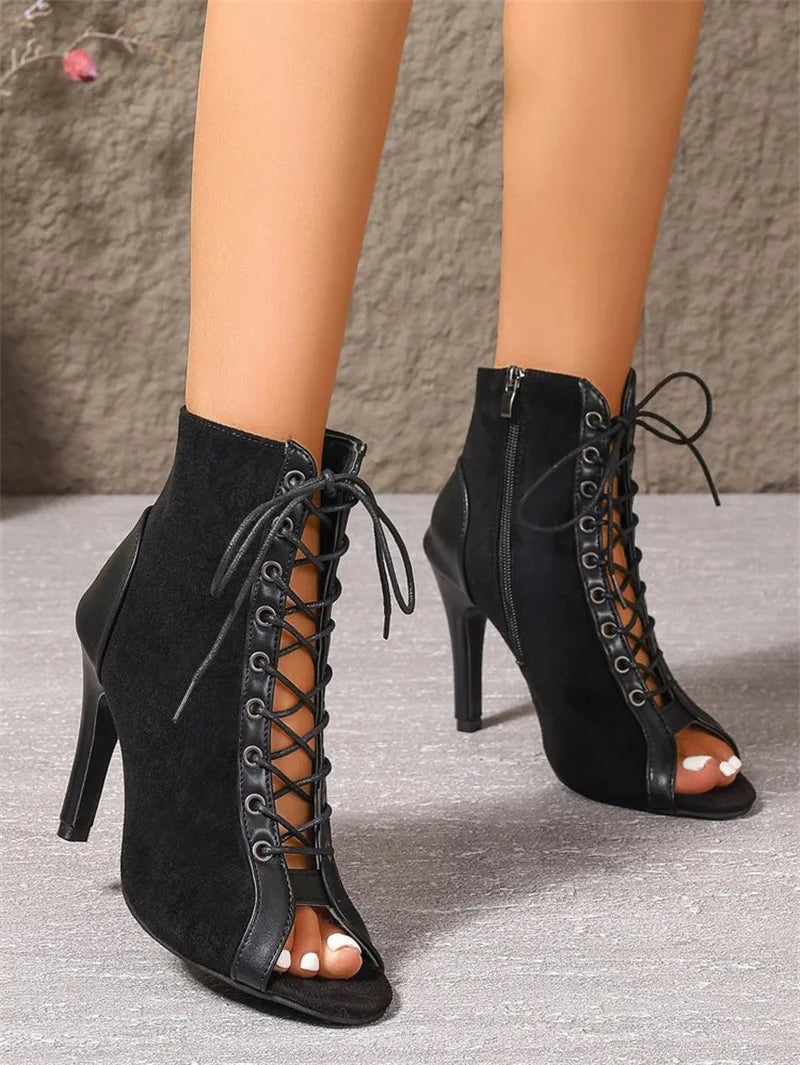 Jazz Latin Dance Boots Women's 5CM 7CM 10CM Thin High Heels 2025 New Plus Size Summer Black Lace-up Sexy Short Boots For Woman