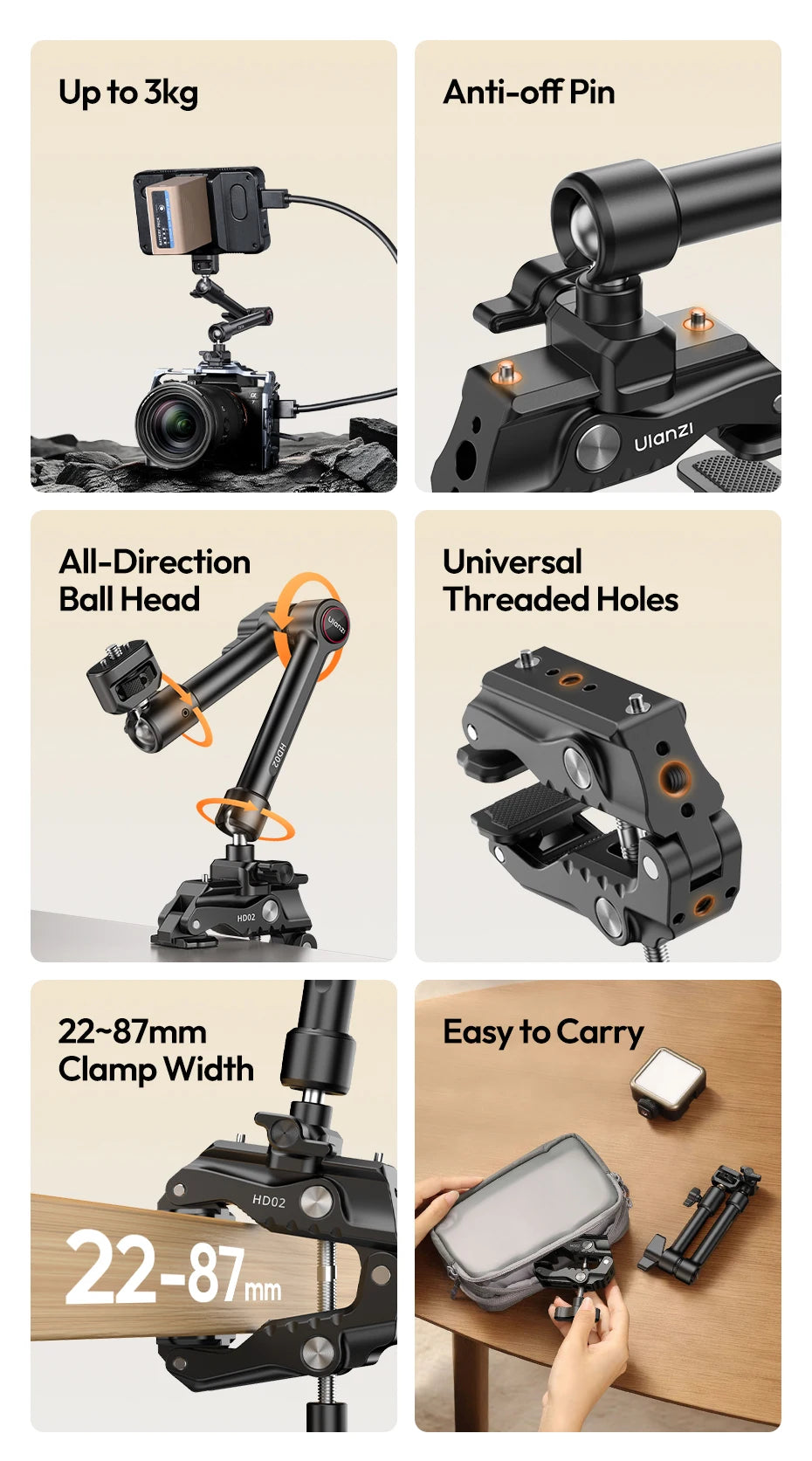 Ulanzi HD02 10-inch Magic Arm Kit for Outdoor Camera Photography Livestreaming Vlog with All-Direction Ball Head Adaptable Clamp