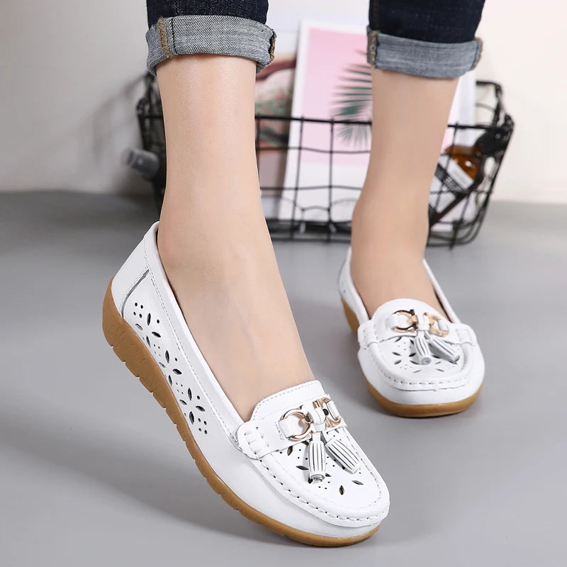 Women Wedge Flats Genuine Leather Slip On Loafers Moccasins Casual Shoes Luxury Brand Designs Big Size 41 42 43