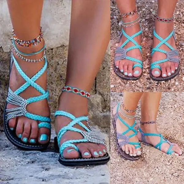 Large Size Rope Knot Summer Beach Flat Bottom Sandals Women's Shoes Wish Flat Sandals Open Toe Rubber Sole Ankle Strap