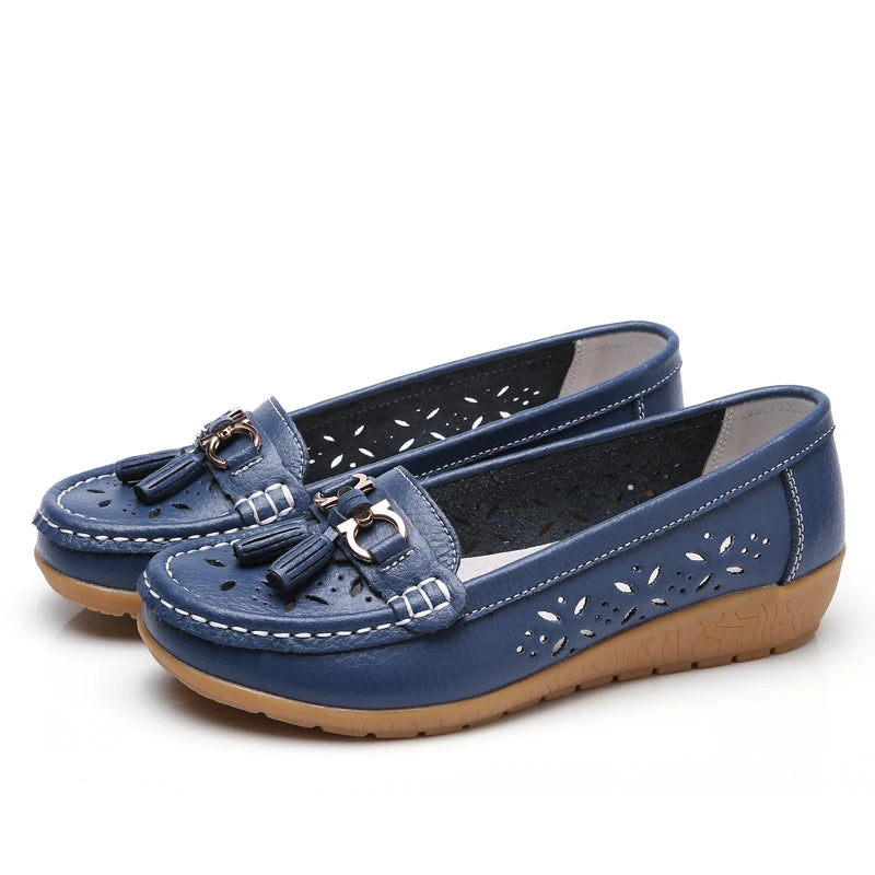 Women Wedge Flats Genuine Leather Slip On Loafers Moccasins Casual Shoes Luxury Brand Designs Big Size 41 42 43