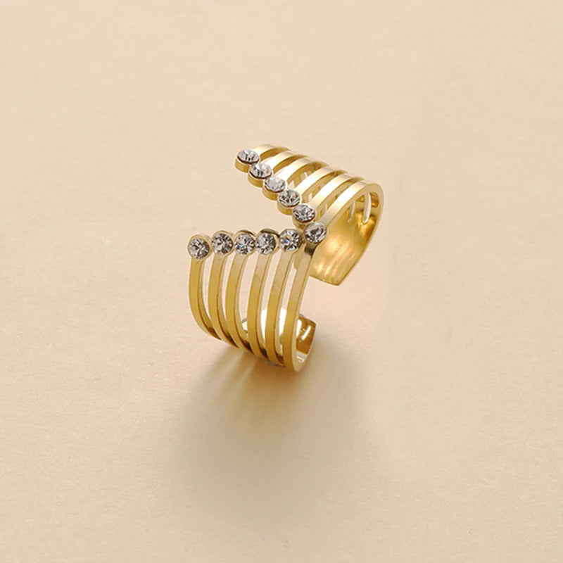 Geometric Zircon Rings For Women Gold Color Stainless Steel Flower Heart Hollow Multilayer Adjustable Open Rings Jewelry Gifts