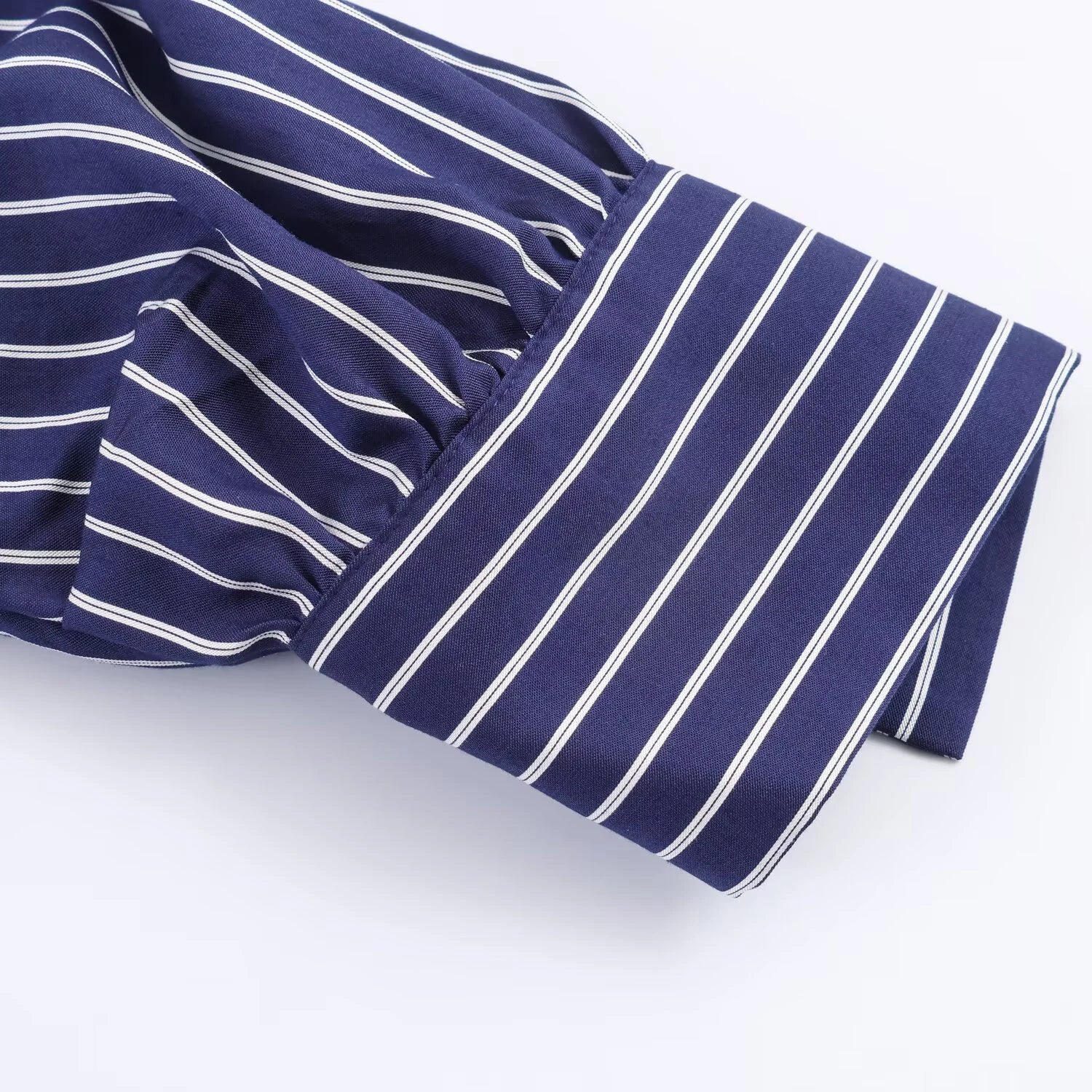 European and American style spring and summer new product women's clothing lapel bubble sleeve casual commuting striped shirt