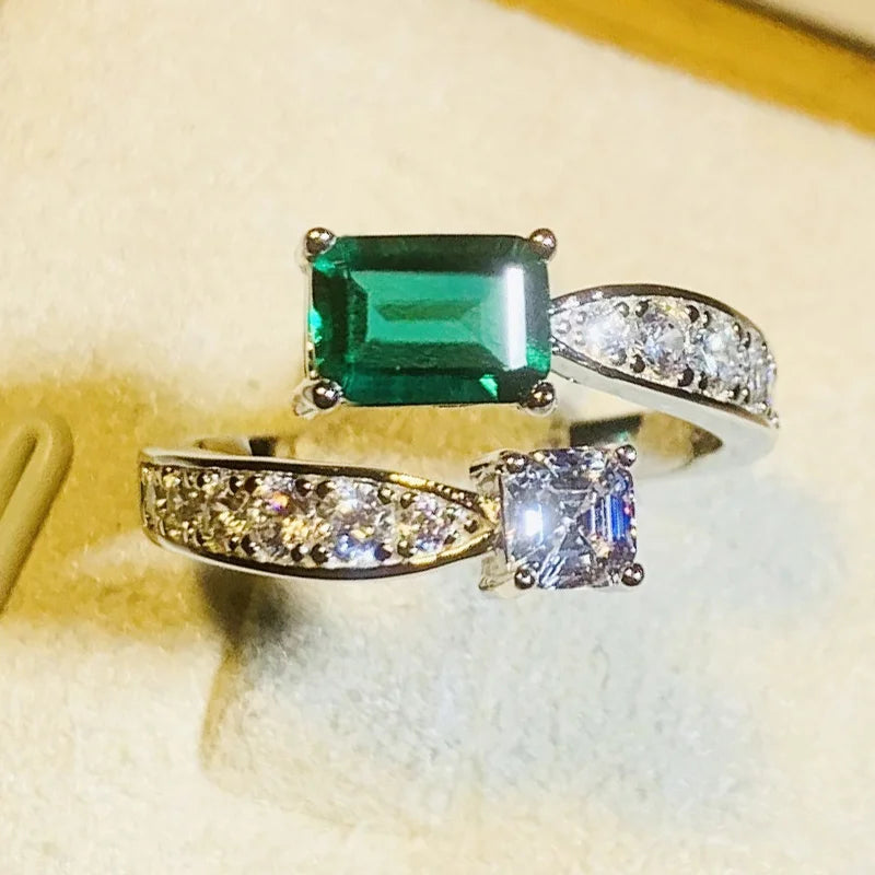 Huitan Stylish Adjustable Ring for Women Brilliant Green Zirconia Modern Style Accessories for Engagement Statement Jewelry Gift