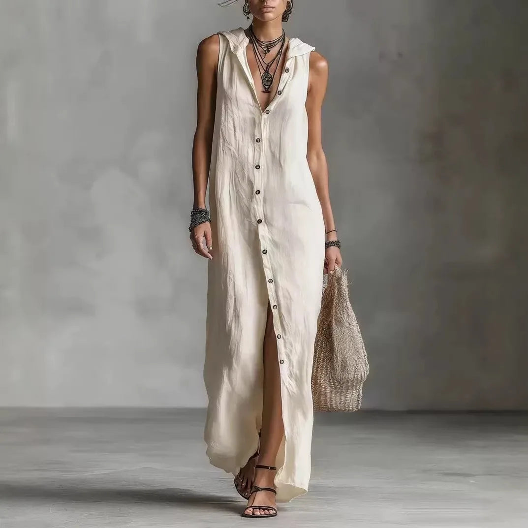 Women Dresses 2026 New summer solid color button open stitch sleeveless long dresses women's clothing vestidoes