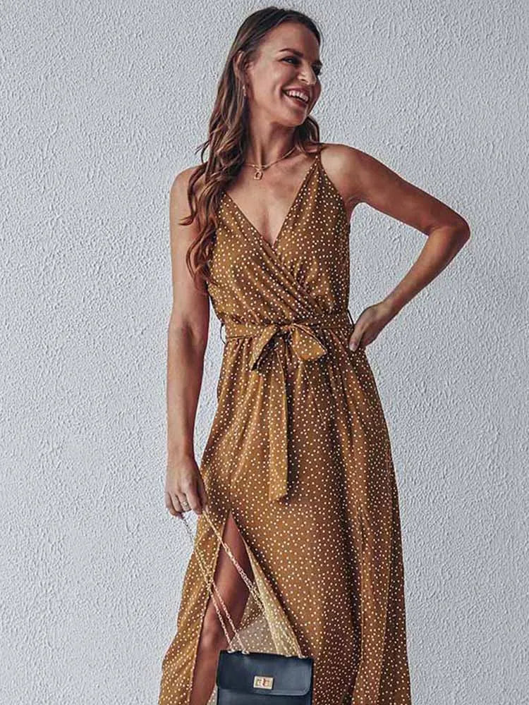 Summer Floral Print Long Dress Women Sexy Backless Bandage Slit Beach Sundresses Casual Elegant Black V Neck Sleeveless Dress