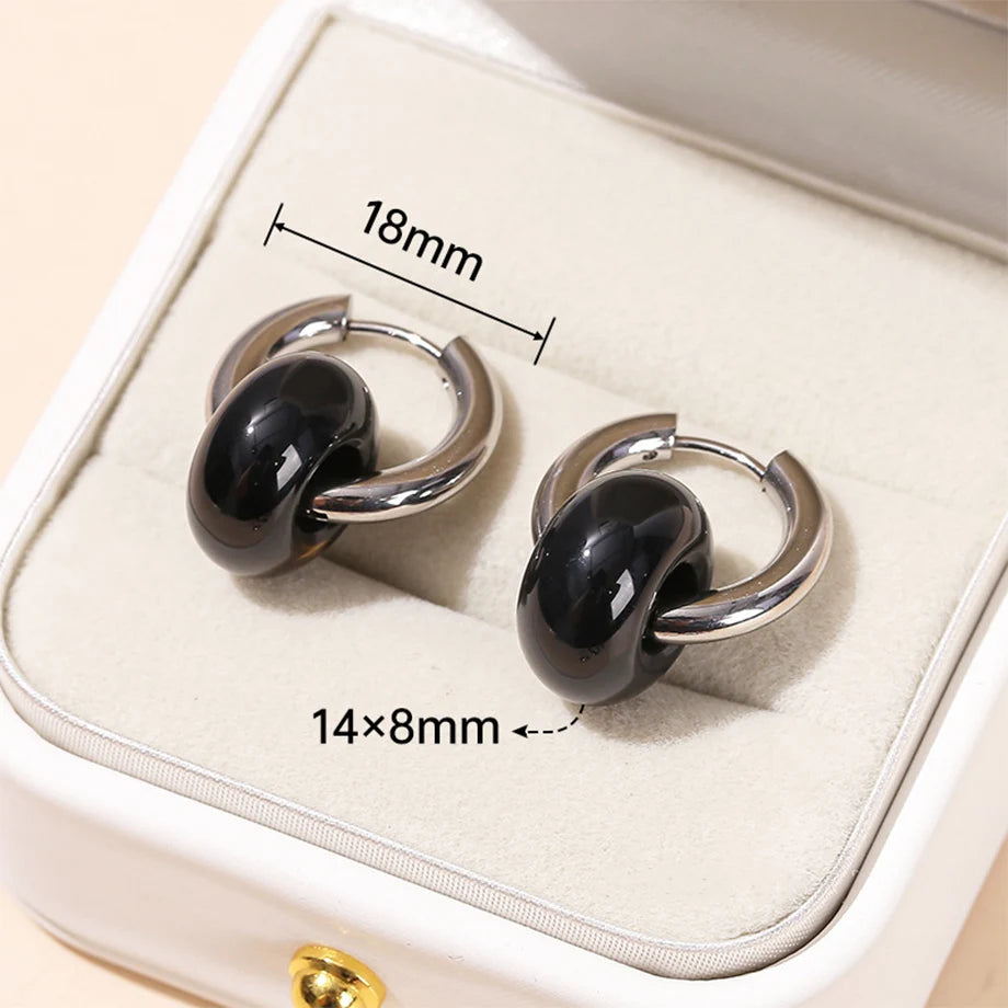 CSJA Natural Stone Earrings for Women Girl Pink Quartz Tiger eye Donut Huggies Stainless Steel Hoop Earring Jewelry Gift H443