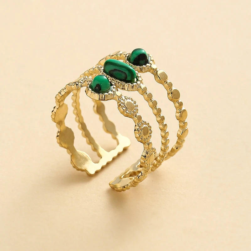 Geometric Zircon Rings For Women Gold Color Stainless Steel Flower Heart Hollow Multilayer Adjustable Open Rings Jewelry Gifts
