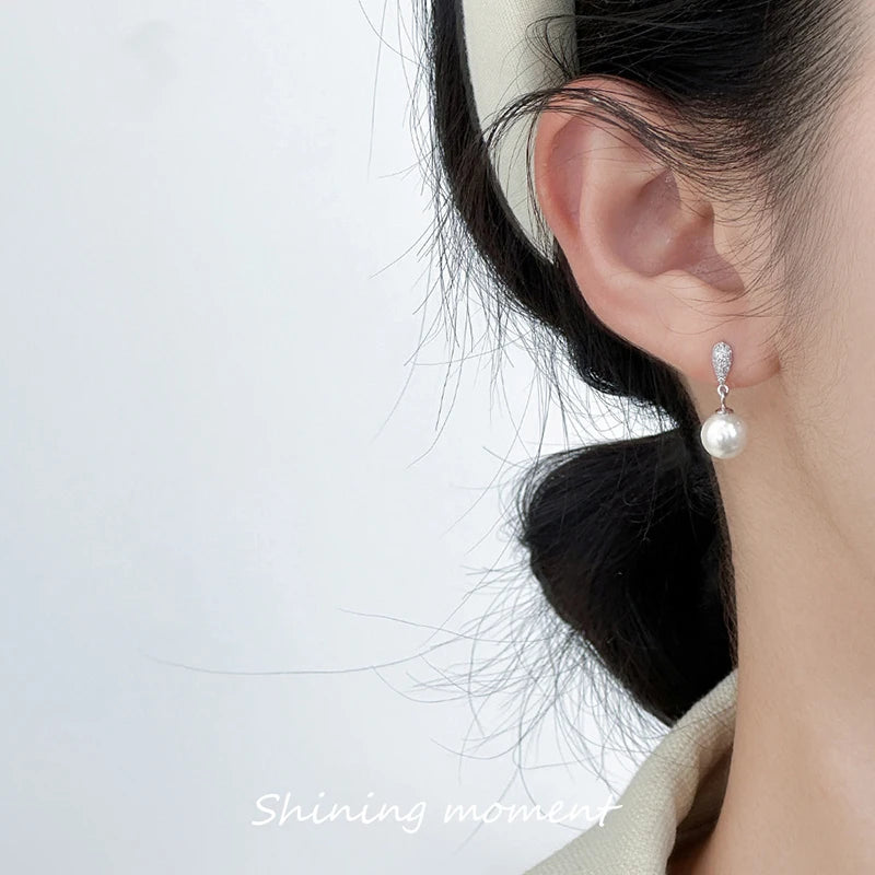 INZATT Real 925 Sterling Silver Full Zircon Water Drop Pearl Pendant Stud Earrings for Women OL Fine Jewelry Luxury Accessories