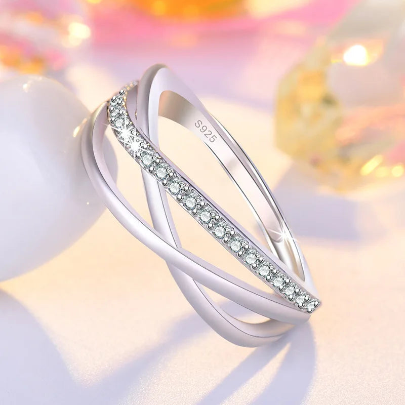 New 925 Silver Ring 5A Zircon Interwoven for Women Sterling-Silver Wedding Luxury Jewelry Engagement Charm Party Fashion Ring