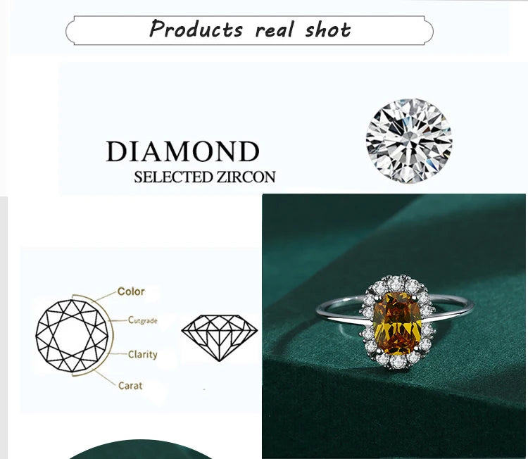 2022 NEW Exquisite Citrine Ring For Women Yellow Gold Real S925 Silver Crystal Diamond Engagement Valentine's Day Gift Jewelry