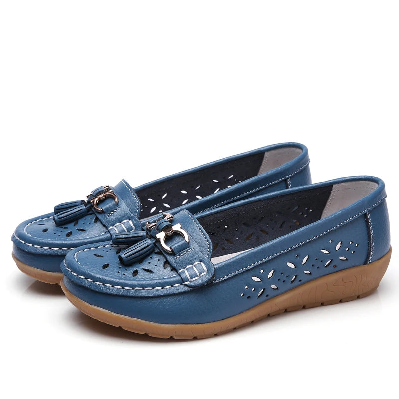 Women Wedge Flats Genuine Leather Slip On Loafers Moccasins Casual Shoes Luxury Brand Designs Big Size 41 42 43