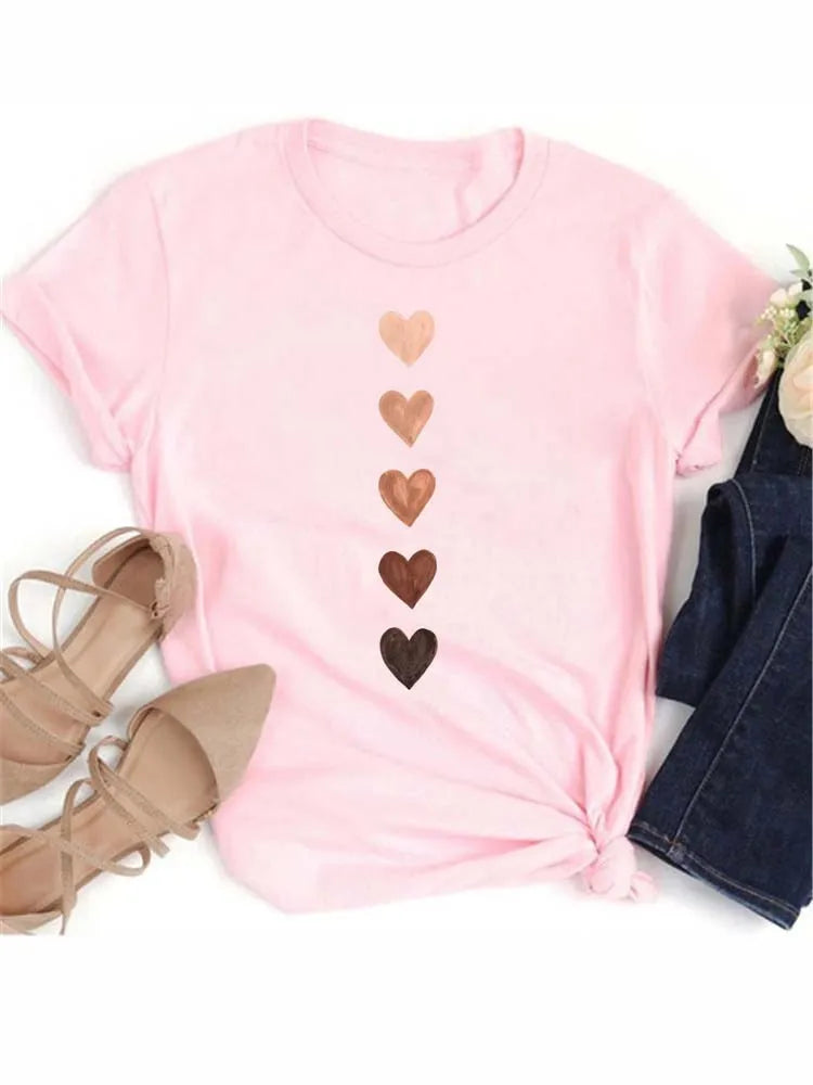 Fashion Funny Love Heart T Shirts Casual Round Neck Women's Clothing Summer Short Sleeve Graphic Female Tops Tees