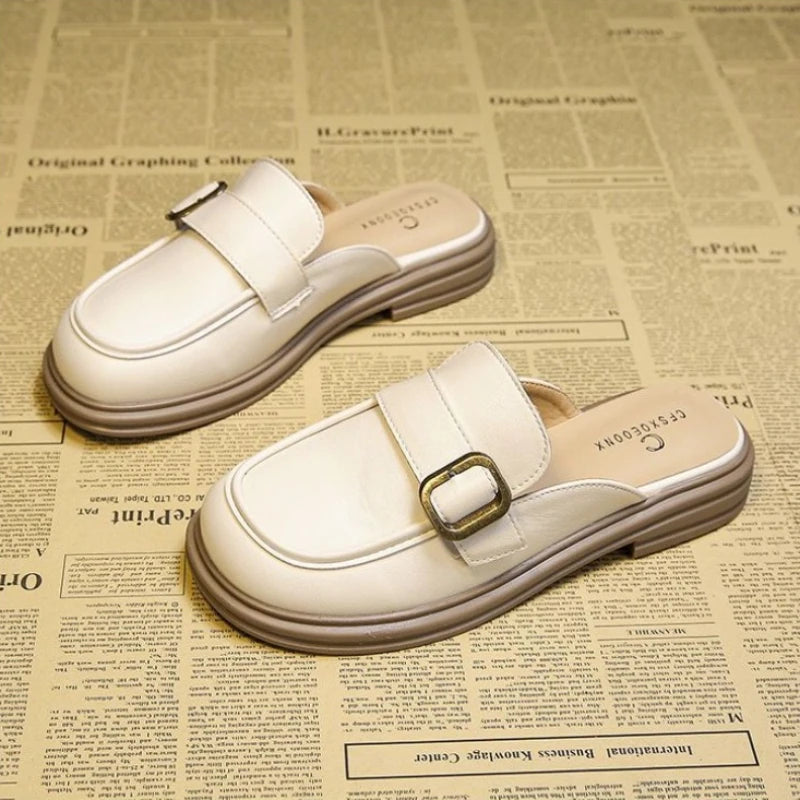 Leather Women's Slippers And Ladies Sandals Round Toe Mules Shoes Black Slides On Promotion Youthful Emo Sale Easy Wears Eva 39