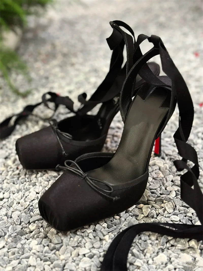 Luxury Design Woman Sandals 2026 Summer High Quality Square Satin High-heeled Female Shoes With Ankle Straps Wedding Flip Flops
