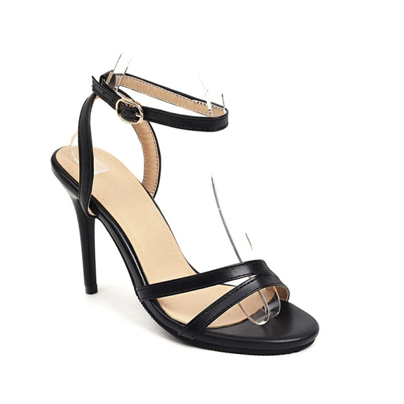 REAVE CAT Elegant Sandals Ankle Buckle Strap Narrow Open Toe 9.5cm Stiletto Heel Shoes US19 Black White A4245