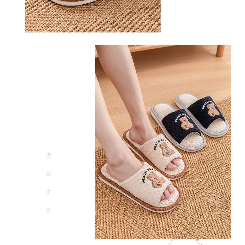 Home Linen Slippers Women's Four Season Sweat Absorbing Cotton Linen Cloth Slippers Cute and Casual PVC Toe Slippers Sandals