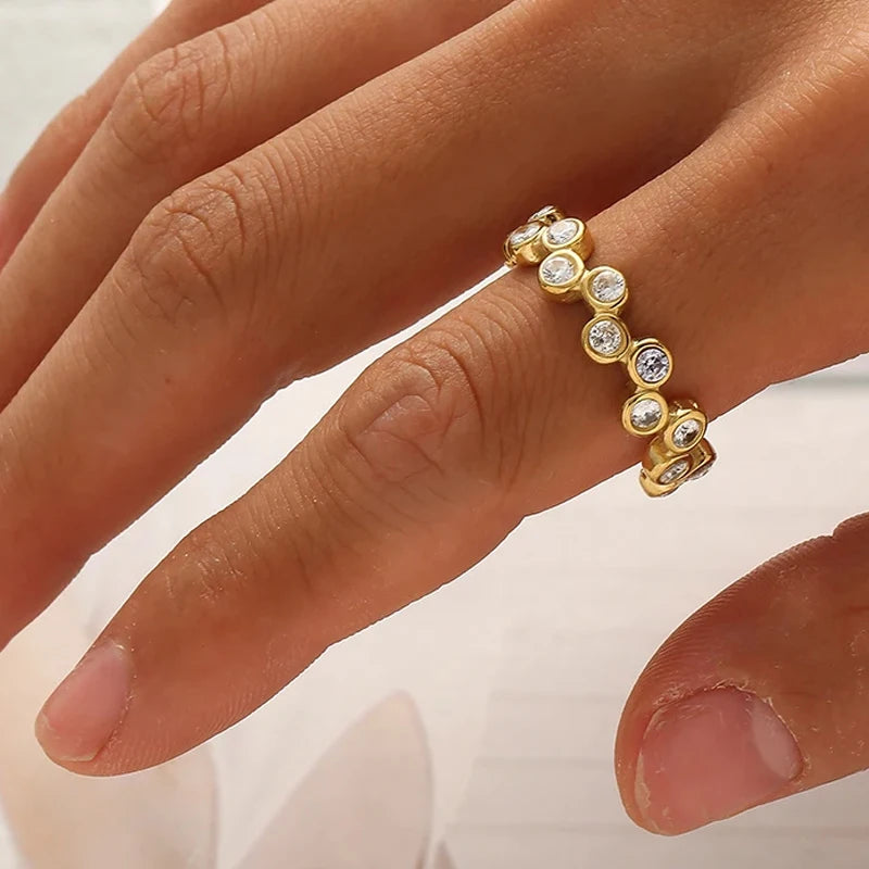 Geometric Zircon Rings For Women Gold Color Stainless Steel Flower Heart Hollow Multilayer Adjustable Open Rings Jewelry Gifts